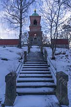 Winter view of the entrance to the Voskresenskiy Skete of Valaam Monastery