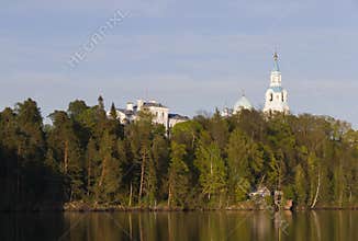Valaam Monastery hiding among the forests in the soft morning light