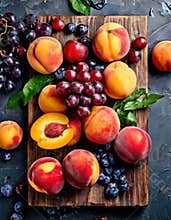 Assorted peaches and grapes on a rustic wooden board