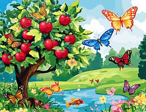 A drawing of some insects flying around an apple tree