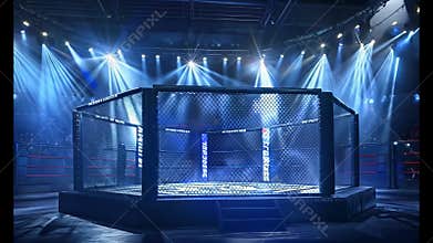 An MMA octagon with a crowd of people watching