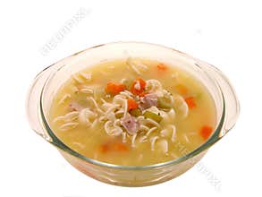 Food: Chunky Chicken Noodle Soup in Glass Cooking Dish