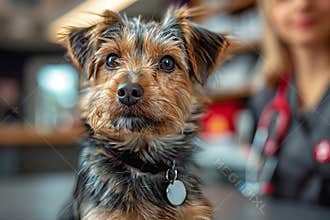 Veterinarian examining dog s heart in modern clinic pet care, treatment, and vaccination