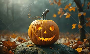 carved jack-o-lantern sits on rock in forest, its face illuminated by warm glow, with autumn leaves scattered