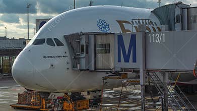 Munich, Bavaria Germany, December 21, 2014: Airbus A380 of Emirates airline at Munich Airport, Germany