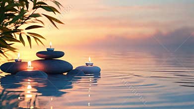 Tranquil sunset over water with floating candles and stacked stones surrounded by bamboo