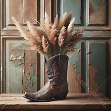 Cowboy boots filled with pampas grass, a rustic and stylish home decor element.