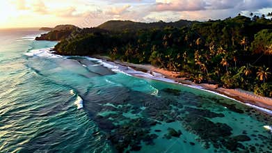 Aerial View of Remote Tropical Beach at Golden Hour, drone view of remote tropical beach at sunset
