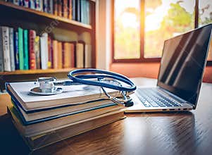 Study Desk with Stacks of Books and Stethoscope: Symbol of Medical Education and Medical Research