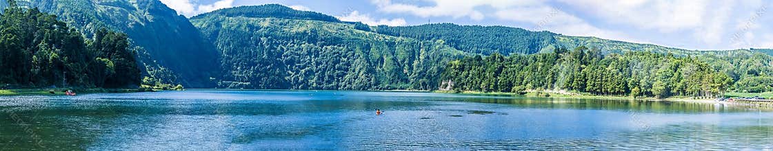 A ground level view across the Green lake in the Seven Cities region on the island of San Miguel in the Azores