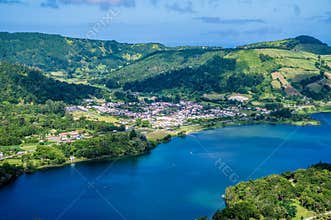 A view past the Green lake towards the Seven Cities region on the island of San Miguel in the Azores