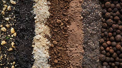 A display of different types of soil with descriptions of their composition and best uses for gardening and farming