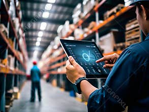 Worker Manages Warehouse with Digital Tablet in High-Tech Industrial Environment