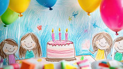 Children&#x27;s drawing of a birthday party with cake and colorful balloons, AI