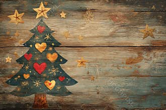 holiday clipart, charming christmas tree clipart featuring hand-drawn stars, hearts, and snowflakes in gold, red, and