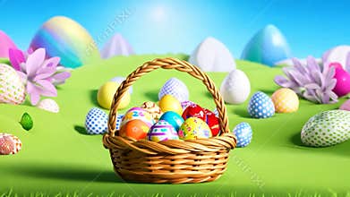 Charming and festive scene featuring a wicker basket overflowing with brightly colored easter eggs, set against a