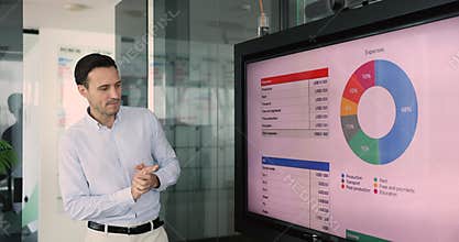 Male financial analyst makes presentations for stakeholders