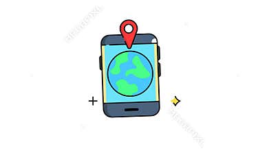 Smartphone with red pin on blue globe showing green continents