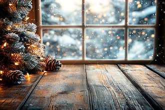 Christmas background with fir tree, lights and snowflakes on window