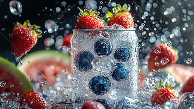 Soft-drink can 330ml floating, strawberries and watermelon in the air