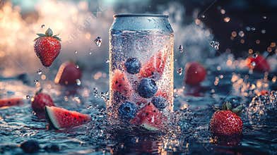 Soft-drink can 330ml floating, strawberries and watermelon in the air