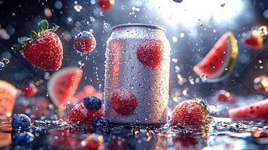 Soft-drink can 330ml floating, strawberries and watermelon in the air