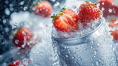 Soft-drink can 330ml floating, strawberries and watermelon in the air