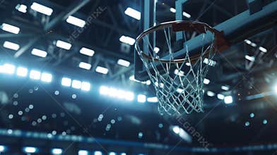Close-up of basketball hoop in illuminated indoor stadium