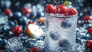 Soft-drink can 330ml floating, strawberries and watermelon in the air