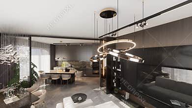 3D Animation of a Modern Living Room with Elegant Interior Design and Stylish Decor.