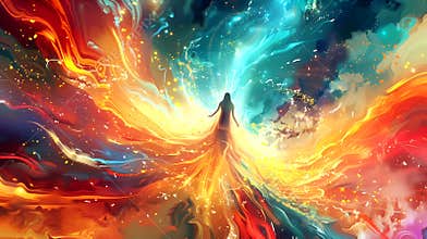 Silhouette of human body with colorful aura. Fantasy landscape anime or cartoon style, looping 4k video animation background