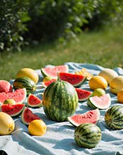 summertime fruit feast with watermelon and colorful melons on a picnic blanket.