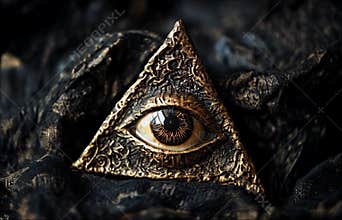 Eye of Providence artifact, dark background. All-seeing God's eye in triangle. Illuminati and Freemasons mystical