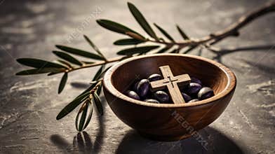 Wooden christian cross resting on black olives in bowl with olive branch symbolizing faith