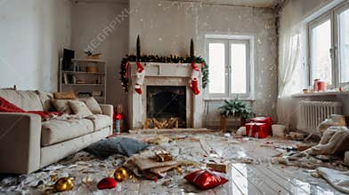 Messy living room after christmas party celebrating winter holidays