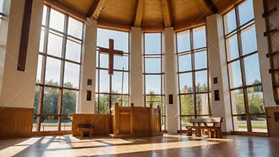 Interior of modern church with large windows and wooden cross