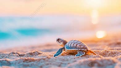 Baby sea turtle on sandy beach at sunrise with ocean waves in the background
