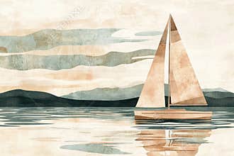 Serene sailboat journey with abstract mountain backdrop on a tranquil lake