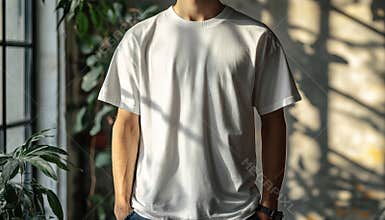 Casual model wearing an oversized t-shirt in a stylish indoor urban setting