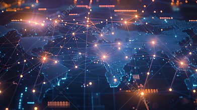 A brightly lit map of the world showcasing the continents and countries, Global map showing real-time cyber attacks