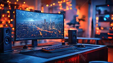 Modern gaming setup in a room with a widescreen monitor showing a cityscape, surrounded by ambient lighting for an