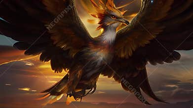 Phoenix bird. Sunset in a misty forest on background. Generative AI