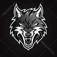 Angry predatory wolf, logo, monochrome drawing, dog Icon, wolf symbol, angry wolf portrait, predator pictogram,