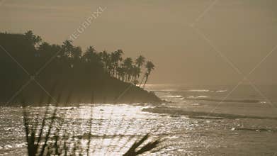 Dawn breaks over Coconut Hill in Sri Lanka where peaceful waves meet a shore lined with palm silhouettes against a
