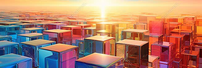 Multi-colored glass cubes in the rays of the sun