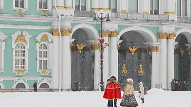 Russia, Saint Petersburg, 30 December 2023 - Actors in the role of Peter the Great and Catherine the Great walk across