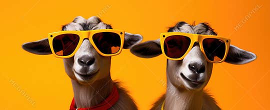 Groovy Goats in Shades: A Colorful Twist on Farmyard Chic. Generative AI