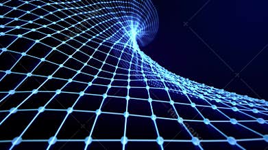 Twisted wavy grid made of glowing blue spheres and hi-tech lines