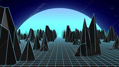 Synthwave landscape background with bright blue grid, rocky mountain shapes and glowing moon on a starry night sky