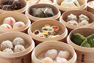 Yumcha, dim sum in bamboo steamer